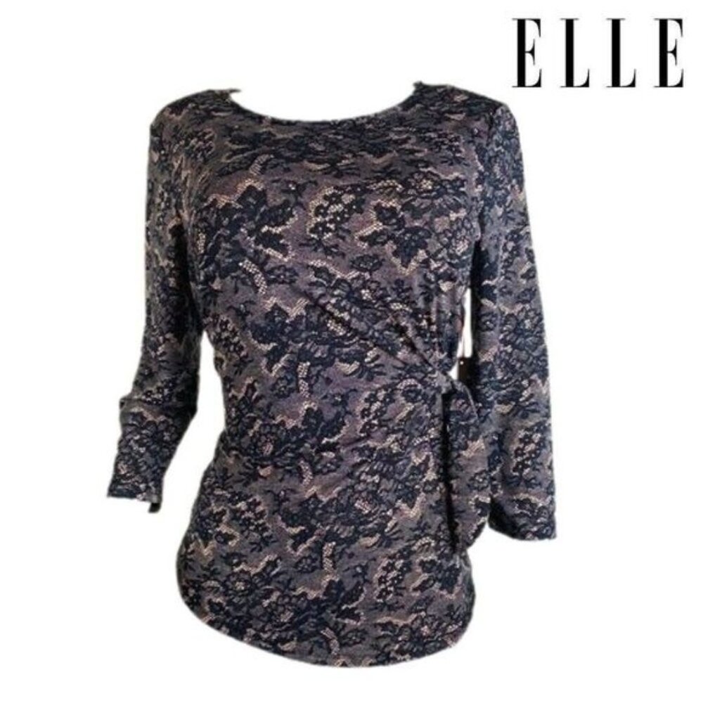 Elle Women's Black Lace Side Ruched‎ Floral Mesh 3/4 Sleeve Top